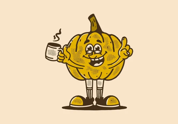 Sarı Balkabağı Maskotu Karakteri Elinde Bir Fincan Kahveyle Klasik Tarzda — Stok Vektör