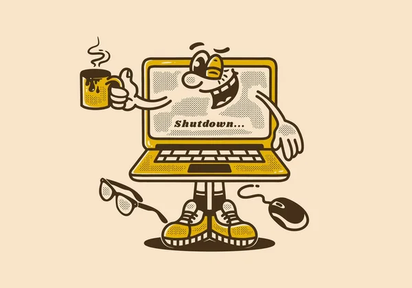 装有咖啡杯的笔记本电脑的吉祥物人物设计 老式风格 — 图库矢量图片
