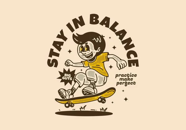 Blijf Balans Vintage Mascotte Karakter Van Een Man Springen Skateboard — Stockvector