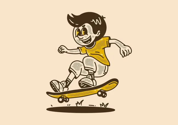 Personaggio Mascotte Vintage Ragazzo Che Salta Sullo Skateboard — Vettoriale Stock