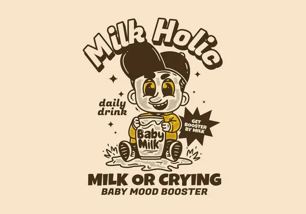 牛奶全麦 婴儿形象的老式绘画 手里拿着一杯牛奶 — 图库矢量图片