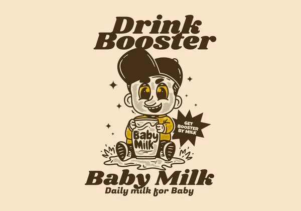 Pij Przypominające Mleko Dla Niemowląt Vintage Rysunek Postaci Dziecka Trzymającego — Wektor stockowy