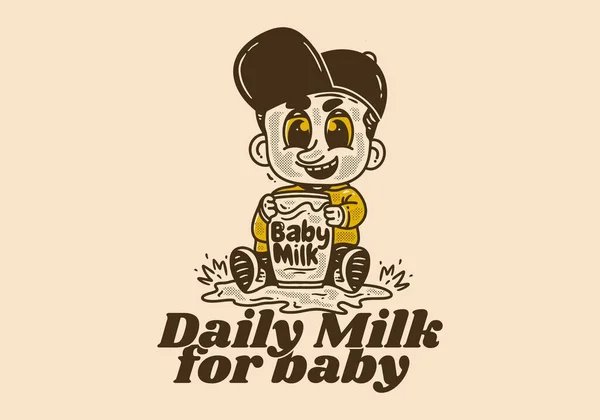 Codzienne Mleko Dla Dziecka Klasyczny Rysunek Postaci Dziecka Trzymającego Szklankę — Wektor stockowy