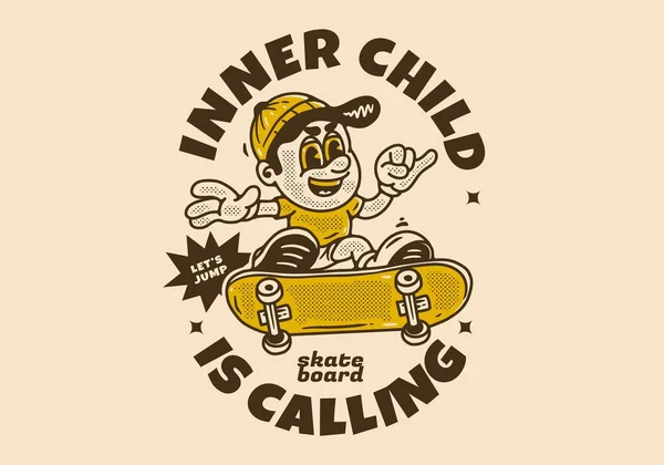 内心的孩子在呼唤 滑板上一个男孩的吉祥物角色设计 — 图库矢量图片