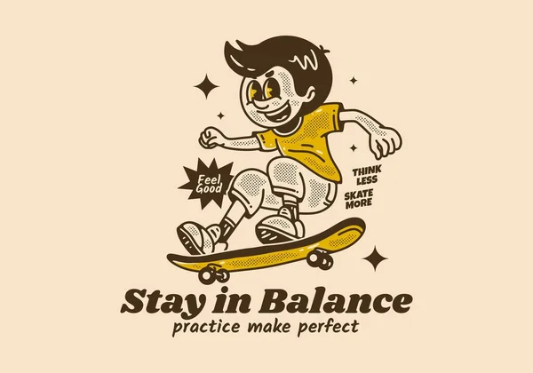 Rimani Equilibrio Personaggio Mascotte Vintage Ragazzo Che Salta Sullo Skateboard — Vettoriale Stock