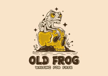 Kurbağa karakterinin resmedilmiş resmi kafatasına tünemiş, klasik tarzda.