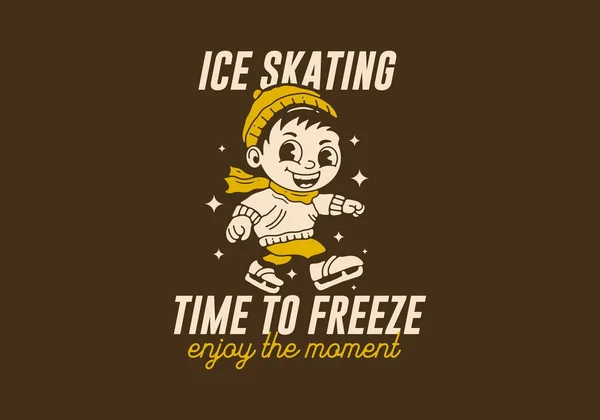 冰上溜冰时间 吉祥物上的一个小男孩在玩溜冰 风格古板 — 图库矢量图片