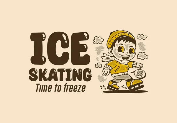 Ice Skating Time Freeze Mascot Character Illustration Little Boy Playing — Stock Vector