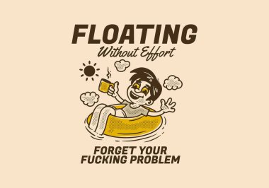 Çaba sarf etmeden süzülen bir çocuk tasviri, elinde bir fincan kahveyle bir cankurtaran şamandırasında rahatlar.