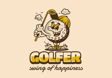 Mutluluğun golfçü salıncağı, golf sopası tutan maskot karakter çizimi, klasik tarzda tasarım.