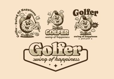 Mutluluğun golfçü salıncağı, golf sopası tutan maskot karakter çizimi, klasik tarzda tasarım.