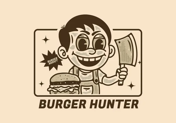 Burger Vadász Illusztráció Egy Fiú Kezében Henteskés Burger Előtte Design — Stock Vector