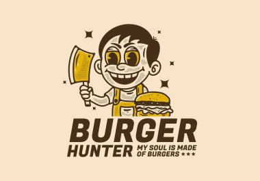 Burger avcısı, önünde hamburgerle kasap bıçağı tutan bir çocuğun resmi, klasik tarzda dizayn edilmiş.