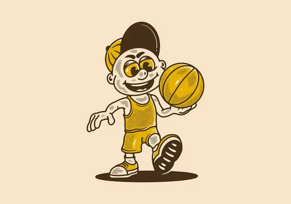 Vintage Illustratie Karakter Van Een Jongen Met Een Basketbal — Stockvector