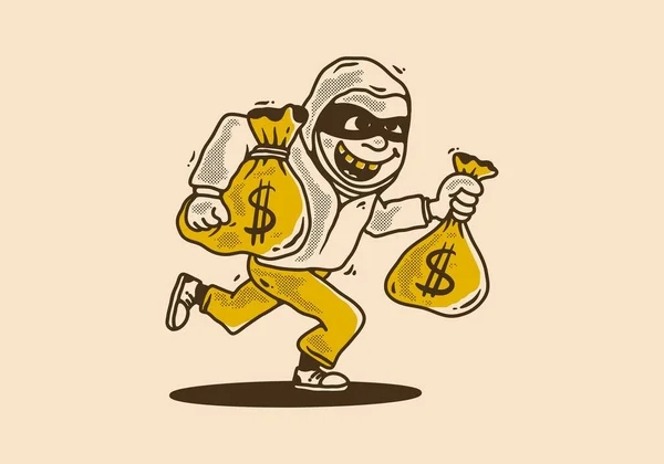 抢银行的角色拿着一个钱袋 老式的插图 — 图库矢量图片