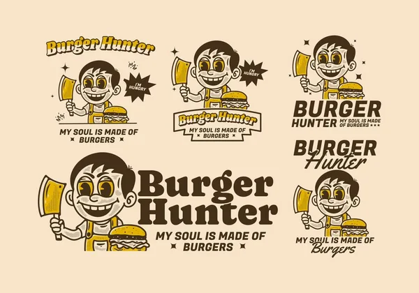 Burger Hunter Illustration Boy Holding Butcher Knife Burger Front Him — Stock Vector