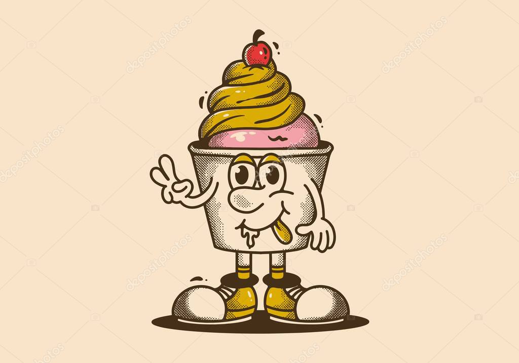 Vintage mascot character illustration of ice cream cup