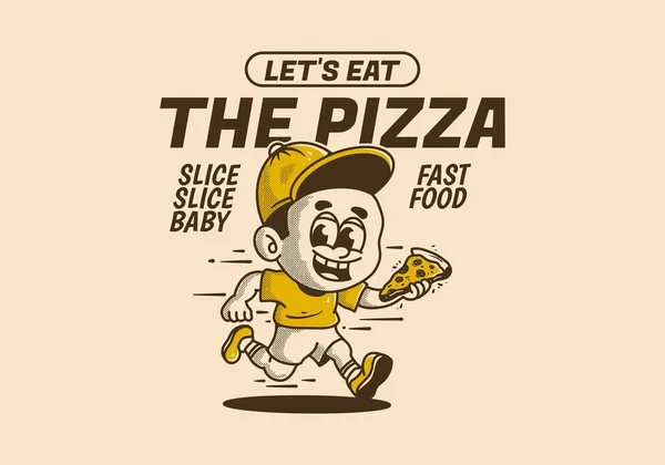 Pizzayı Yiyelim Küçük Bir Çocuk Koşsun Elinde Bir Dilim Pizza — Stok Vektör