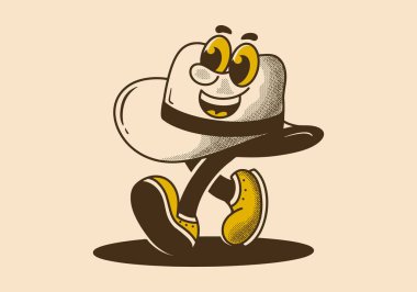 Yürüyen kovboy şapkasının eski moda veya eski moda maskot çizimi