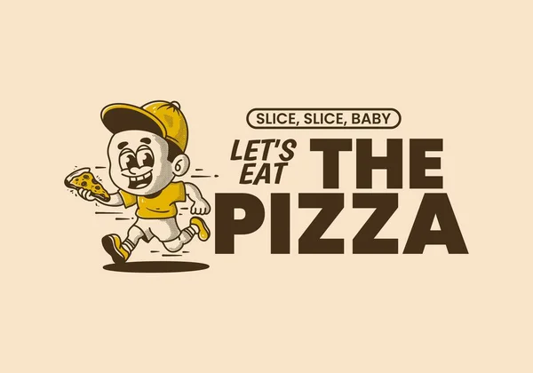 Давайте Пиццу Маленький Мальчик Бежит Держит Кусок Пиццы Винтажные Иллюстрации — стоковый вектор