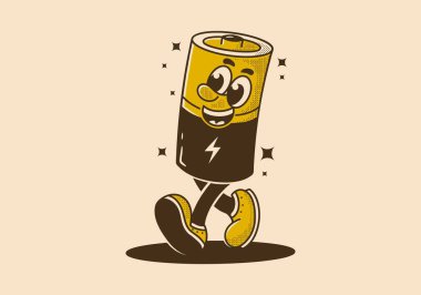 Eski veya eski tarzda yürüyen bataryanın maskot karakteri çizimi