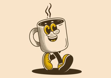 Mascot character illustration of walking coffee mug in vintage or retro style clipart