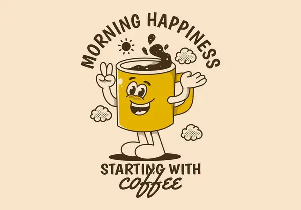 stock vector Morning happiness starting with coffee. Vintage mascot character illustration of coffee mug with happy face