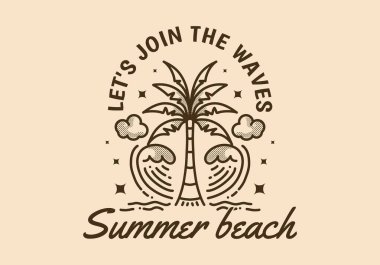 Summer Beach, hadi dalgalara katılalım. Hindistan cevizi ağacı ve dalgaların klasik çizgisi çizimi