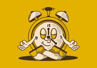 Meditasyon pozunda alarm saati maskotu karakteri çizimi