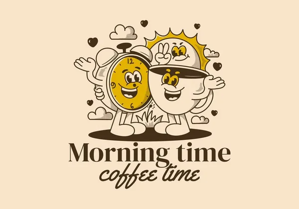 Morgens Ist Kaffeezeit Maskottchen Figur Mit Kaffeetasse Wecker Und Sonne — Stockvektor