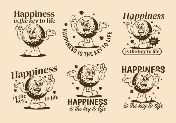 Happiness Key Life Vintage Mascot Character Illustration Golf Ball Happy — Stock Vector