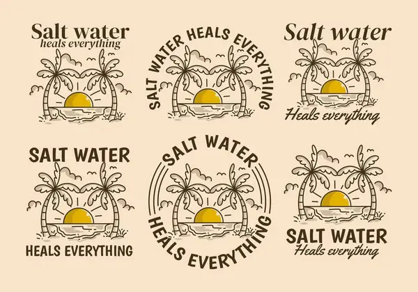 Salzwasser Heilt Alles Vintage Line Art Illustration Eines Strandes Mit — Stockvektor