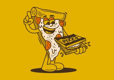 Maskot pizza karakteri elinde bir kutu pizza tutuyor.