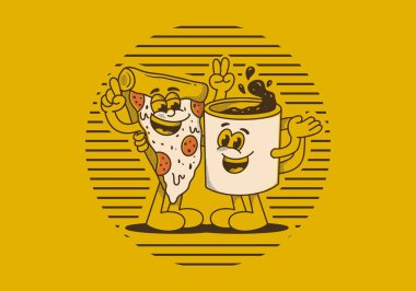 Bir kahve fincanı ve bir dilim pizzanın maskot karakteri çizimi