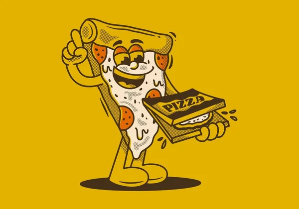 Carácter Mascota Pizza Sosteniendo Una Caja Pizza — Vector de stock
