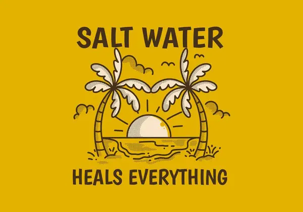 Salt Water Heals Everything Vintage Line Art Illustration Beach Big — Stock Vector