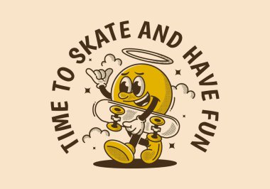 Kayma ve eğlenme zamanı. Yürüyen top kafalı karakter kaykay tutuyor. Retro biçimi