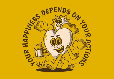 Mutluluğun hareketlerine bağlı. Bir bira tutan güneş ve kalbin karakteri