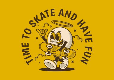 Kayma ve eğlenme zamanı. Yürüyen top kafalı karakter kaykay tutuyor. Retro biçimi