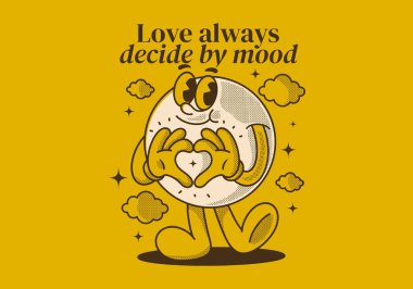 Aşk her zaman ruh haline göre karar verir. Gülen yüzlü top kafalı karakter, kalp şeklinde eller.