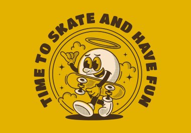 Kayma ve eğlenme zamanı. Yürüyen top kafalı karakter kaykay tutuyor. Retro biçimi