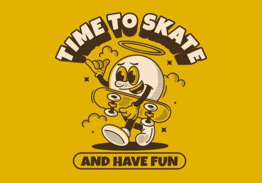 Kayma ve eğlenme zamanı. Yürüyen top kafalı karakter kaykay tutuyor. Retro biçimi