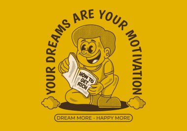 Senin motivasyonun rüyan. Oturup kitap okuyan bir çocuğun klasik çizimi.