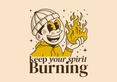 Ruhunu canlı tut. Elinde ateş tutan bereli bir adamın geçmişe dönük çizimi.