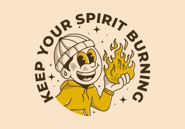 Ruhunu canlı tut. Elinde ateş tutan bereli bir adamın geçmişe dönük çizimi.