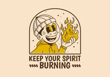 Ruhunu canlı tut. Elinde ateş tutan bereli bir adamın geçmişe dönük çizimi.