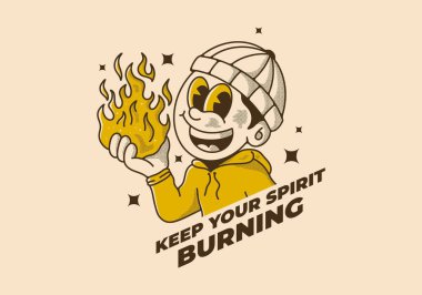 Ruhunu canlı tut. Elinde ateş tutan bereli bir adamın geçmişe dönük çizimi.