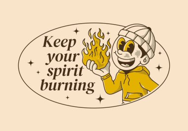 Ruhunu canlı tut. Elinde ateş tutan bereli bir adamın geçmişe dönük çizimi.