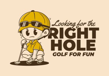 Doğru deliği arıyorum. Elinde golf sopası olan bir adamın klasik karakter çizimi.