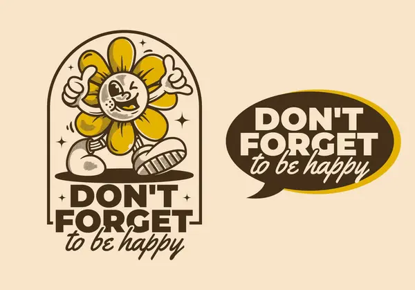 Don Forget Happy Walking Sun Flower Mascot Character Illustration Vintage — Stock Vector